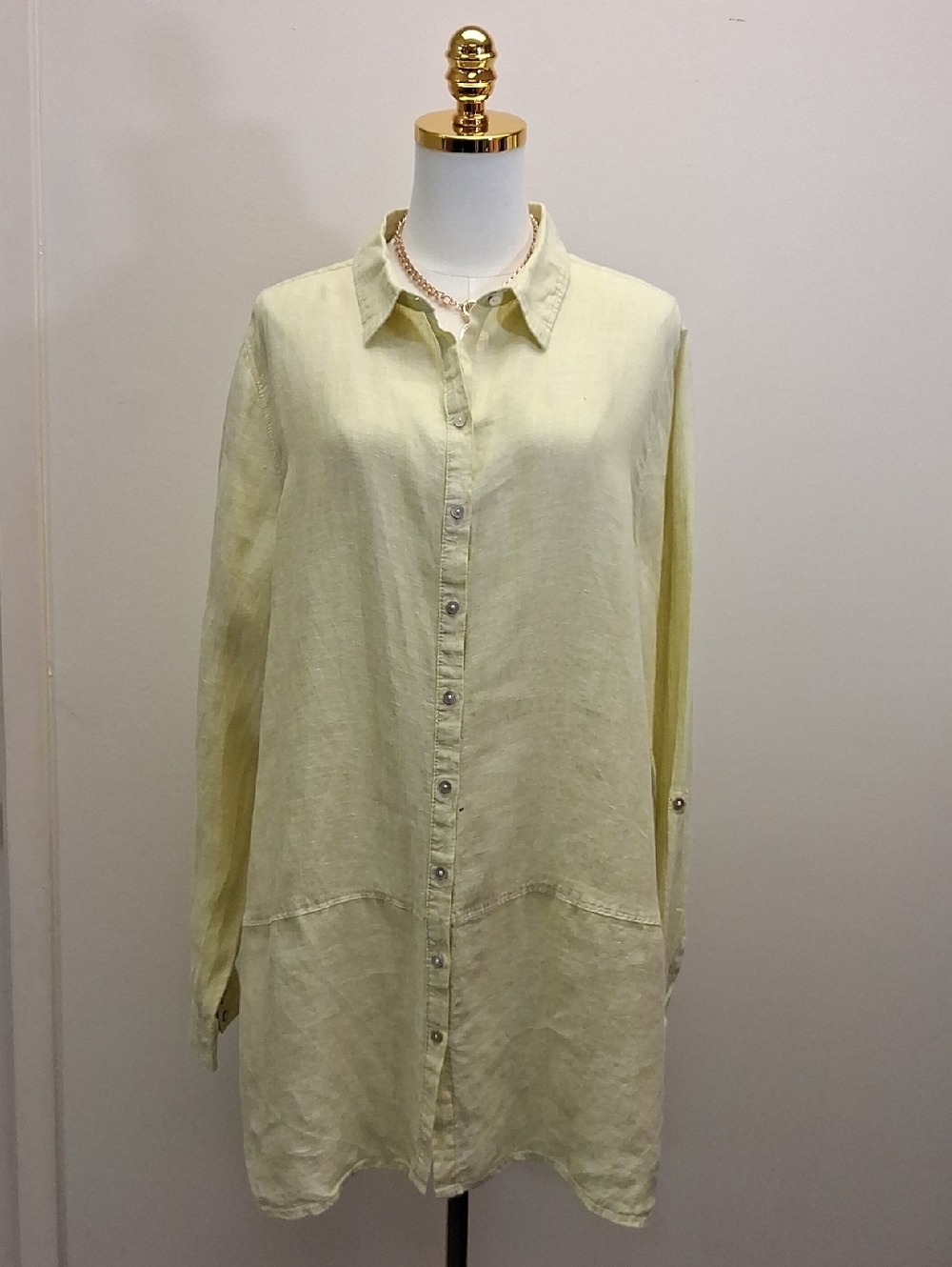 Tahari Yellow Linen Button Down Tunic Shirt Size XL